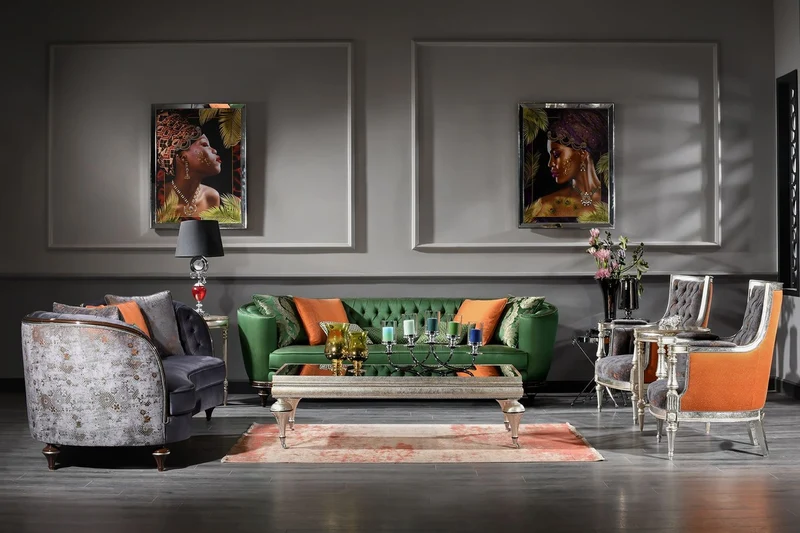 Casa Padrino Luxus Barock Wohnzimmer Set Lila / Grün / Silber - 2 Sofas & 2 Sessel & 1 Couchtisch - Handgefertigte Wohnzimmer Möbel im Barockstil - Edel & Prunkvoll