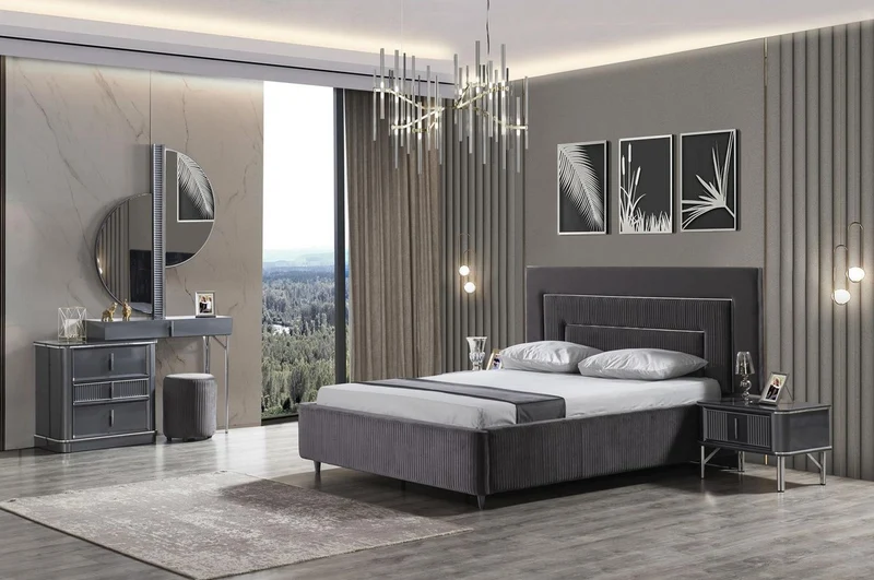 Casa Padrino Luxus Schlafzimmer Schminktisch Set Grau / Silber - 1 Schminkkommode mit Spiegel & 1 Hocker - Luxus Schlafzimmer Möbel