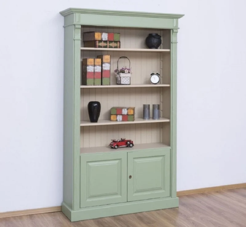 Casa Padrino Landhausstil Bücherschrank Grün / Grau 120 x 39 x H. 197 cm - Massivholz Schrank - Wohnzimmerschrank - Büroschrank - Landhausstil Möbel