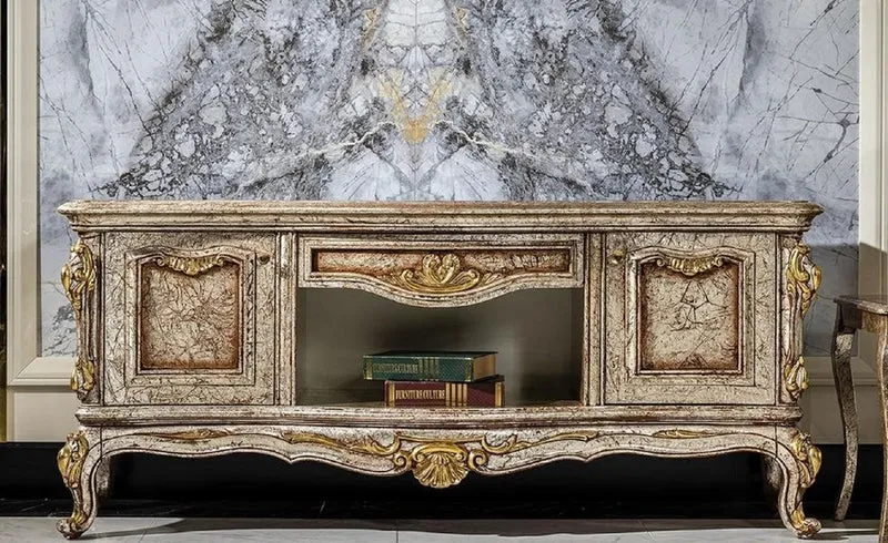 Casa Padrino Luxus Barock TV Schrank Antik Silber / Braun / Gold - Prunkvolles Wohnzimmer Sideboard mit 2 Türen und Schublade - Barock Wohnzimmer Möbel