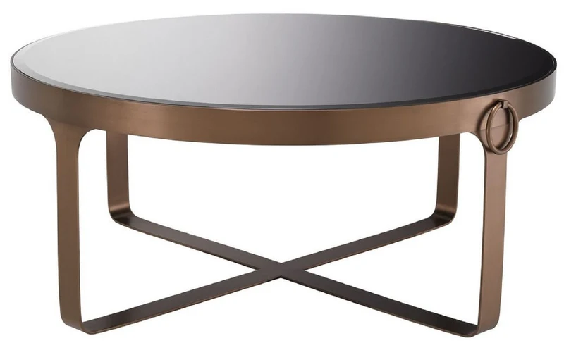 Casa Padrino Luxus Couchtisch Kupferfarben / Schwarz Ø 90 x H. 38,5 cm - Runder Edelstahl Wohnzimmertisch mit Glasplatte - Wohnzimmer Möbel - Luxus Möbel