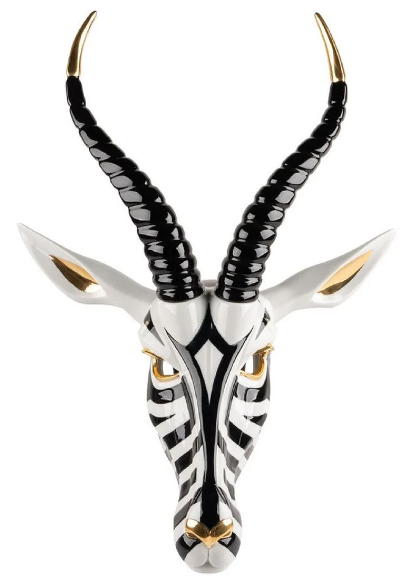 Casa Padrino Luxus Porzellan Deko Maske Antilope Schwarz / Weiß / Gold 39 x 18 x H. 57 cm - Erstklassische Qualität - Made in Spain
