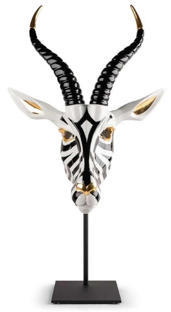 Casa Padrino Luxus Porzellan Deko Maske Antilope Schwarz / Weiß / Gold 39 x 18 x H. 57 cm - Erstklassische Qualität - Made in Spain