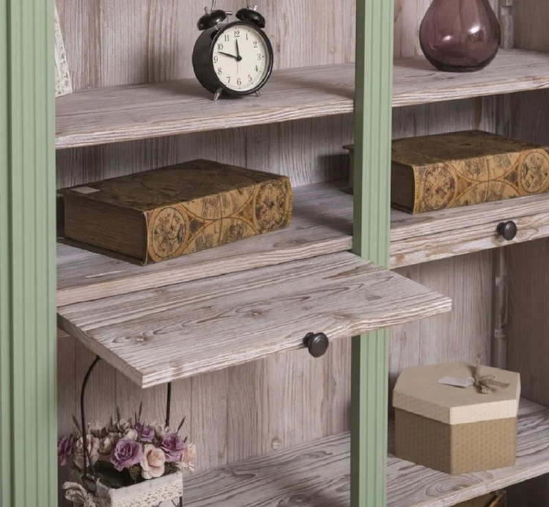 Casa Padrino Landhausstil Bücherschrank Grün / Naturfarben 120 x 37 x H. 197 cm - Massivholz Schrank - Regalschrank - Wohnzimmerschrank - Landhausstil Möbel