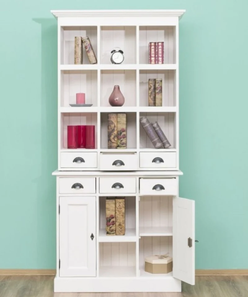 Casa Padrino Landhausstil Schrank Weiß 97 x 40 x H. 210 cm - Massivholz Regalschrank mit 2 Türen und 6 Schubladen - Möbel im Landhausstil