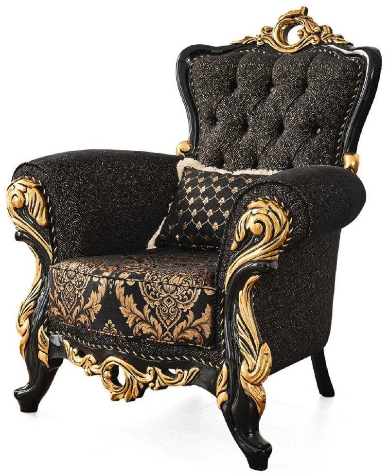 Casa Padrino Luxus Barock Sessel Schwarz / Gold 103 x 80 x H. 126 cm - Prunkvoller Wohnzimmer Sessel mit Muster und dekorativem Kissen - Barock Wohnzimmer Möbel