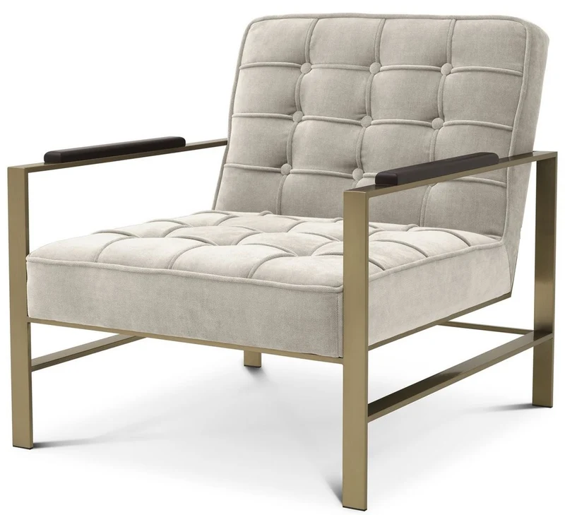 Casa Padrino Luxus Sessel Sandfarben / Messing / Schwarz 70,5 x 80,5 x H. 75 cm - Wohnzimmer Sessel mit Edelstahl Gestell - Luxus Wohnzimmer Möbel