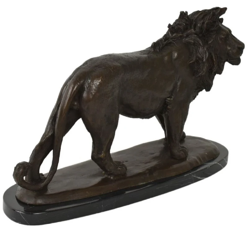 Casa Padrino Luxus Bronze Skulptur Löwe Bronzefarben / Schwarz 49 x 16 x H. 31 cm - Bronzefigur mit Marmorsockel - Dekofigur - Deko Accessoires - Luxus Kollektion