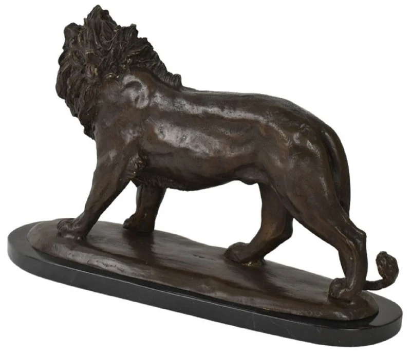Casa Padrino Luxus Bronze Skulptur Löwe Bronzefarben / Schwarz 49 x 16 x H. 31 cm - Bronzefigur mit Marmorsockel - Dekofigur - Deko Accessoires - Luxus Kollektion