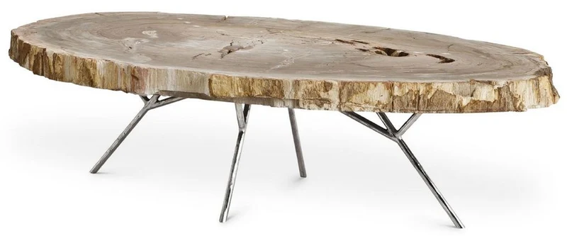 Casa Padrino Luxus Couchtisch Naturfarben / Silber 115 x 68 x H. 35 cm - Edler Wohnzimmertisch mit versteinerter Holz Tischplatte und Edelstahl Beinen - Luxus Wohnzimmer Möbel