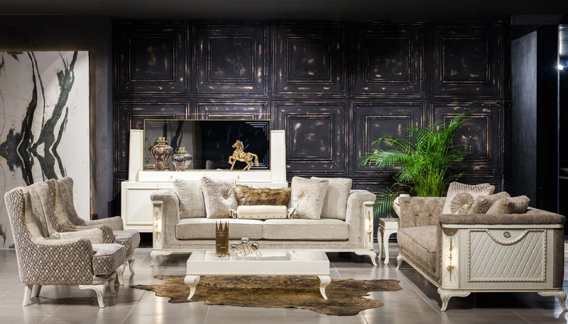 Casa Padrino Luxus Barock Sofa Grau / Weiß / Gold - Beleuchtetes Wohnzimmer Sofa im Barockstil - Barock Wohnzimmer Möbel - Edel & Prunkvoll