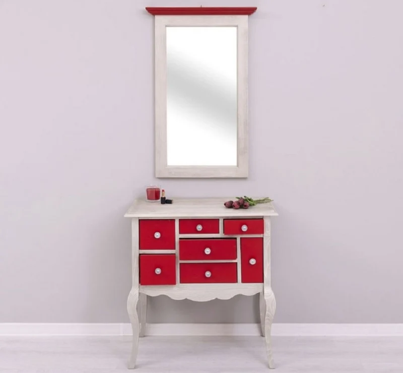 Casa Padrino Landhausstil Kommode mit Spiegel Hellgrau / Rot - Massivholz Schrank mit Wandspiegel - Landhausstil Garderoben Möbel