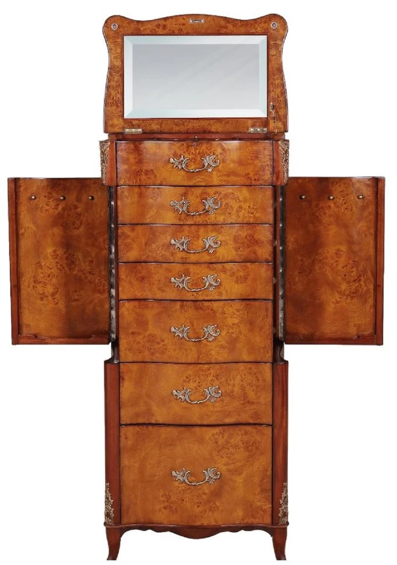 Casa Padrino Luxus Barock Schmuckkommode Hellbraun / Braun / Silber 56 x 36 x H. 128 cm - Edle Massivholz Kommode mit Spiegel - Schmuckschrank im Barockstil - Barock Möbel