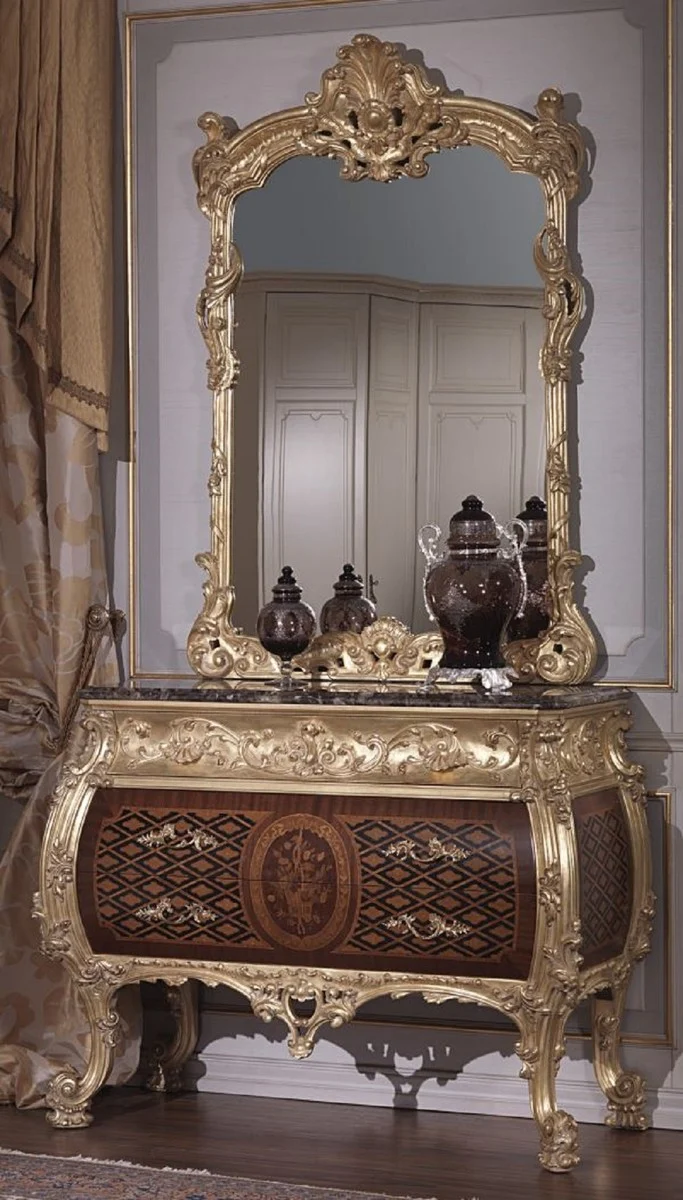 Casa Padrino Luxus Barock Kommode mit Spiegel Braun / Schwarz / Gold - Barock Spiegelkommode - Prunkvolle Barock Möbel - Hotel Möbel - Schloss Möbel - Luxus Qualität - Made in Italy