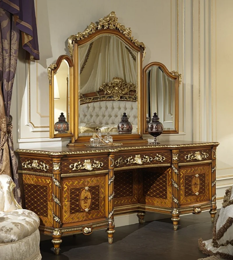 Casa Padrino Luxus Barock Kommode mit Spiegel Braun / Gold - Prunkvoller handgefertigter Schminktisch mit Wandspiegel - Hotel Möbel - Schloss Möbel - Luxus Qualität - Made in Italy