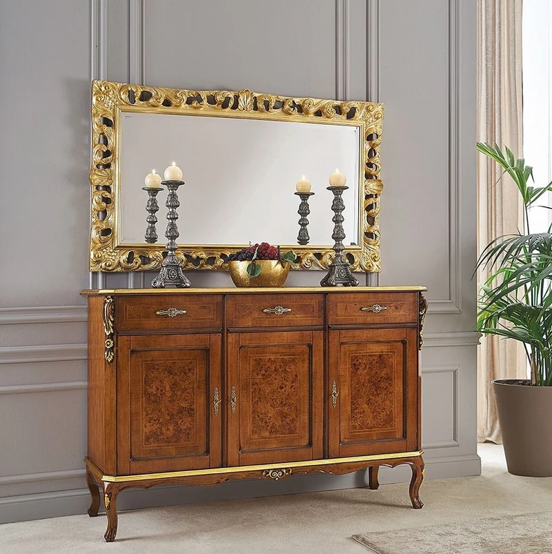 Casa Padrino Luxus Barock Mahagoni Sideboard Braun / Gold - Edler Massivholz Schrank mit 3 Schubladen und 3 Türen - Barock Möbel - Luxus Qualität - Made in Italy