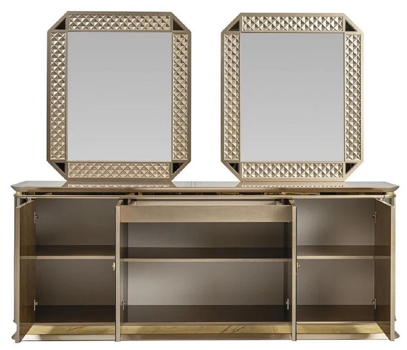 Casa Padrino Luxus Art Deco Möbel Set Beige / Gold - 1 Sideboard & 2 Spiegel - Edel & Prunkvoll