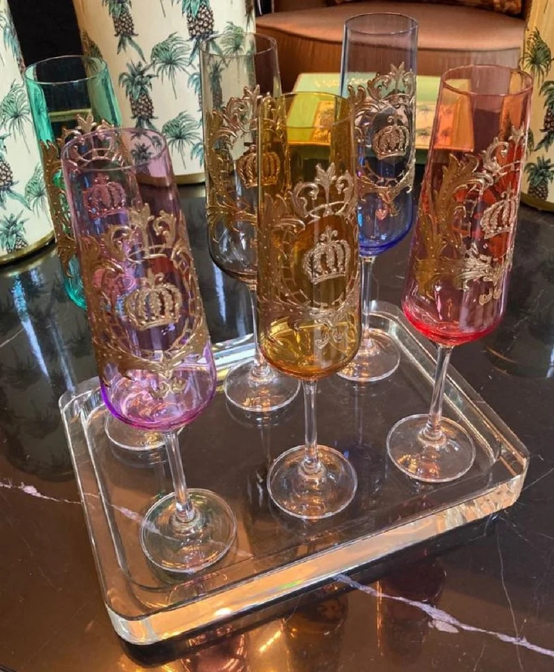 Pompöös by Casa Padrino Luxus Champagnerglas Set Bunt Ø 6 x H. 25 cm - Champagnergläser mit 24 Karat Vergoldung - Pompööse Gläser designed by Harald Glööckler