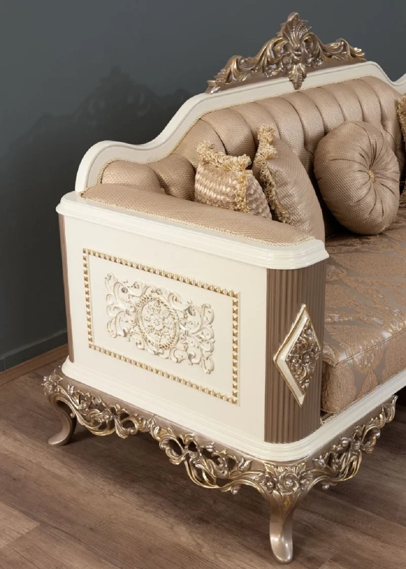 Casa Padrino Luxus Barock Sofa Braun / Silber / Weiß / Braun / Gold 234 x 93 x H. 124 cm - Prunkvolles handgefertigtes Wohnzimmer Sofa mit dekorativen Kissen - Barock Wohnzimmer Möbel
