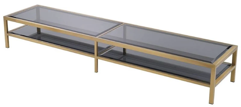 Casa Padrino Luxus TV Schrank Messingfarben / Grau 200 x 45 x H. 30 cm - Edelstahl Sideboard mit getönten Glasplatten - Luxus Wohnzimmer Möbel
