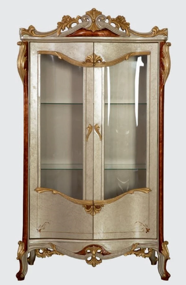 Casa Padrino Luxus Barock Vitrine Silber / Braun / Gold - Handgefertigter Massivholz Vitrinenschrank mit 2 Türen - Prunkvolle Barock Möbel