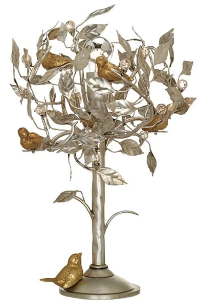 Casa Padrino Luxus Tischleuchte Baum & Vögel Silber / Gold Ø 36 x H. 56 cm - Moderne Metall Schreibtischleuchte mit Swarovski Kristallglas - Hotel & Restaurant Leuchte