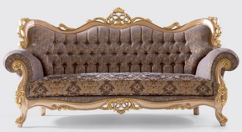 Casa Padrino Luxus Barock Sofa Lila / Grau / Gold 240 x 90 x H. 123 cm - Handgefertigtes Wohnzimmer Sofa mit elegantem Muster - Barock Wohnzimmer Möbel - Edel & Prunkvoll