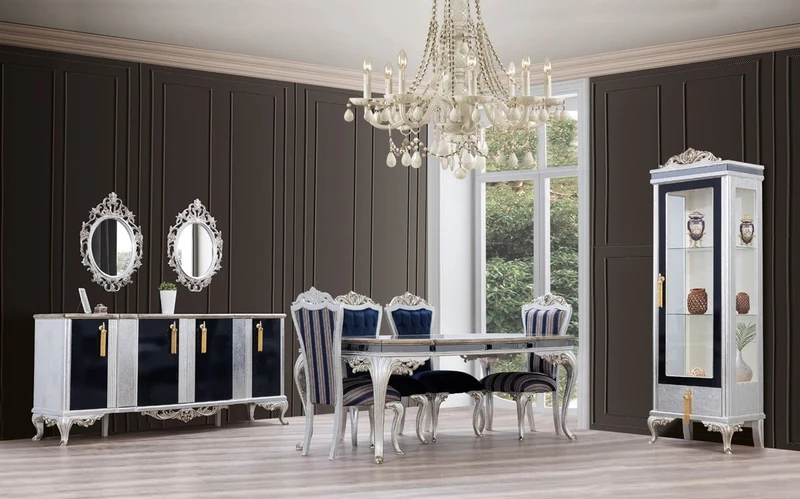 Casa Padrino Luxus Barock Vitrine Silber / Schwarz / Gold - Handgefertigter Massivholz Vitrinenschrank - Barock Wohnzimmer Möbel