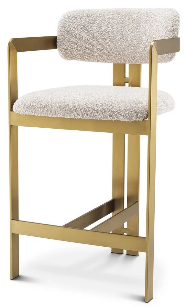Casa Padrino Luxus Barstuhl Creme / Messing 53 x 44,5 x H. 97 cm - Gepolsterter Edelstahl Barhocker - Luxus Barmöbel