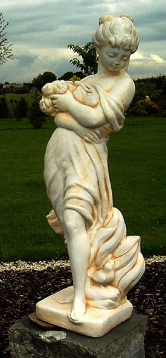 Casa Padrino Jugendstil Gartendeko Skulptur Mädchen mit Blumenstrauß Sandfarben / Beige H. 121 cm - Garten & Terrassen Deko Accessoires