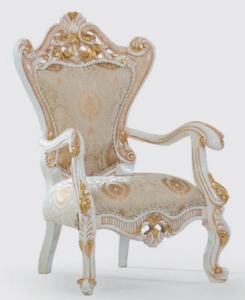 Casa Padrino Luxus Barock Sessel Beige / Weiß / Gold 85 x 75 x H. 128 cm - Handgefertigter Wohnzimmer Sessel mit elegantem Muster - Barock Wohnzimmer Möbel - Edel & Prunkvoll
