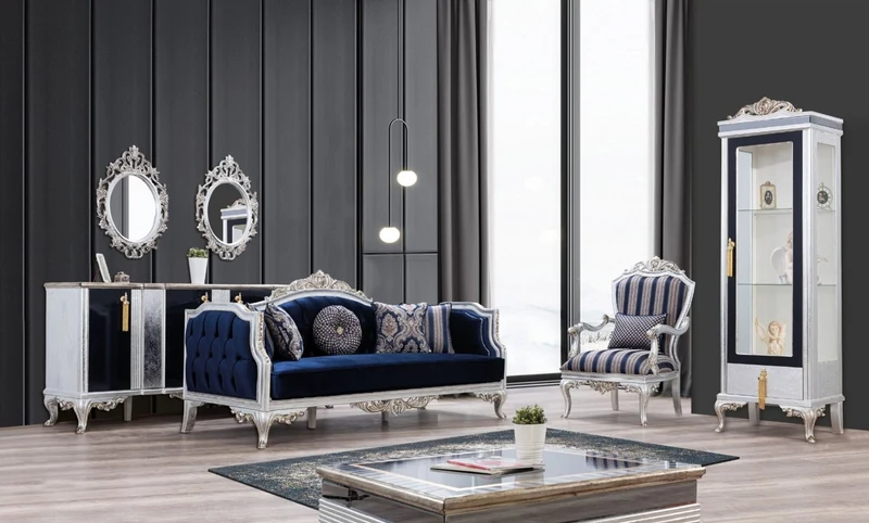 Casa Padrino Luxus Barock Wohnzimmer Set Blau / Silber / Gold - 2 Sofas & 2 Sessel & 1 Couchtisch - Wohnzimmer Möbel im Barockstil - Edel & Prunkvoll
