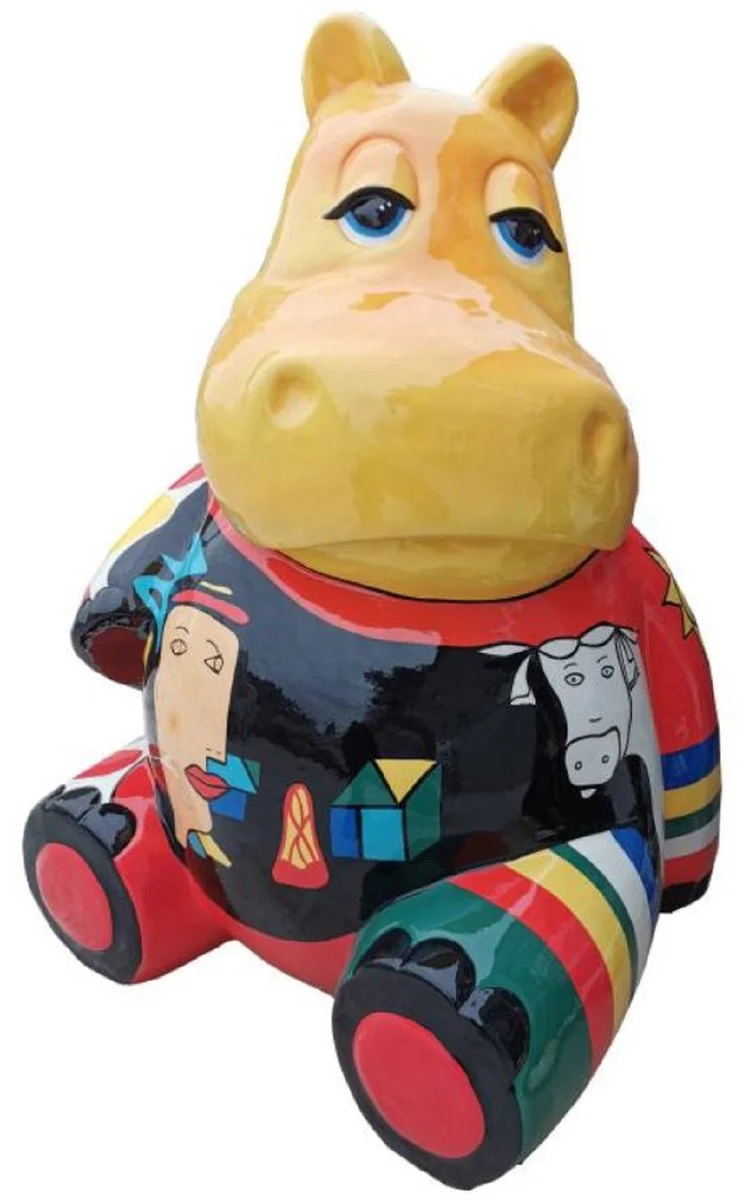 Casa Padrino Designer Deko Skulptur Sitzendes Nilpferd Mehrfarbig H. 100 cm - Wetterbeständige Dekofigur - Wohnzimmer Deko - Garten Deko - Terrassen Deko