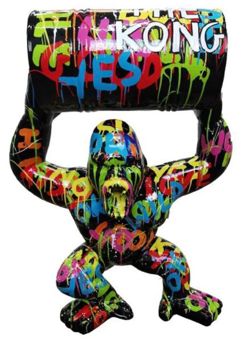 Casa Padrino Designer Deko Skulptur Gorilla Affe mit Fass Schwarz / Bunt H. 100 cm - Wetterbeständige Dekofigur - Designer Deko Tierfigur