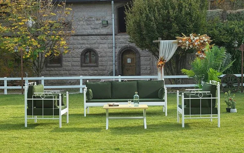 Casa Padrino Jugendstil Gartenmöbel Set Dunkelgrün / Weiß - 1 Sofa & 2 Sessel & 1 Tisch - Garten & Terrassen Möbel im Jugendstil