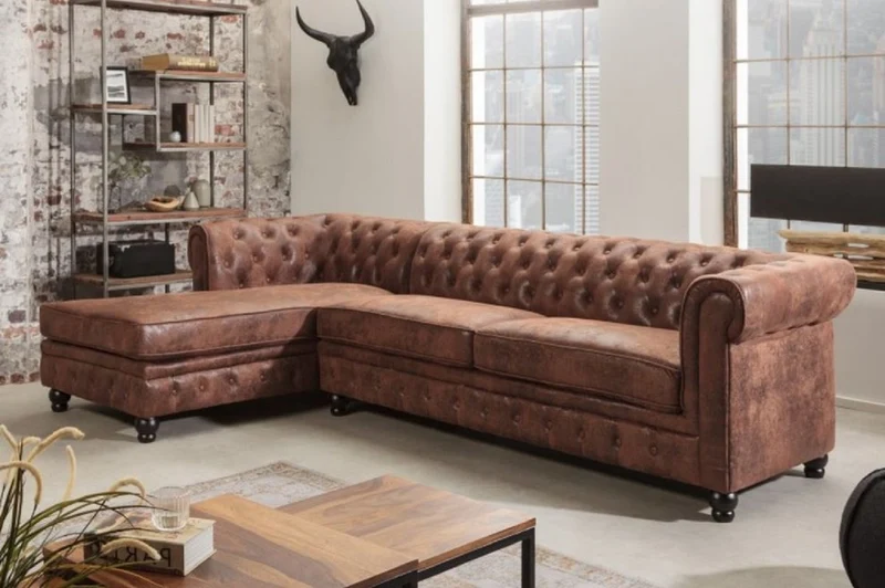 Casa Padrino Chesterfield Ecksofa Links Antik Braun - Microfaser Wohnzimmer Sofa - Chesterfield Wohnzimmer Möbel