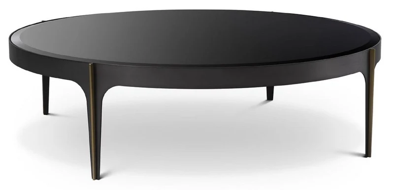 Casa Padrino Luxus Couchtisch Bronze / Messing / Schwarz Ø 124 x H. 34,5 cm - Runder Edelstahl Wohnzimmertisch mit Glasplatte - Luxus Wohnzimmer Möbel