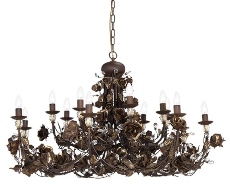 Casa Padrino Luxus Jugendstil Kronleuchter Rosen Rostfarben / Gold Ø 120 x H. 70 cm - Barock & Jugendstil Wohnzimmer Kronleuchter mit Swarovski Kristallglas