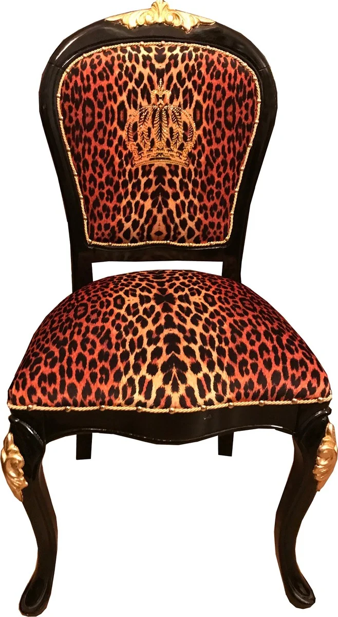 Pompöös by Casa Padrino Luxus Barock Esszimmerstühle Krone mit Glitzersteinen Leopard / Schwarz / Gold - Esszimmer Set - 6 Pompööse Barock Stühle designed by Harald Glööckler