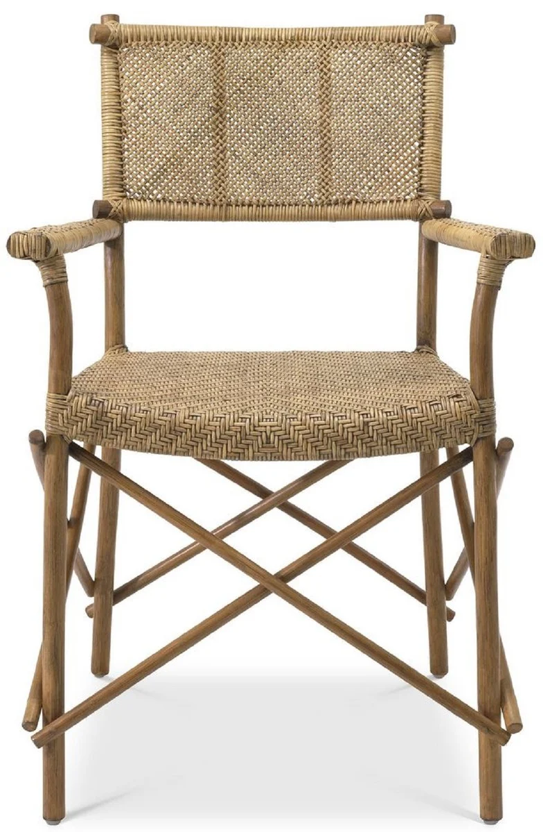 Casa Padrino Luxus Esszimmerstuhl Naturfarben 58,5 x 55,5 x H. 91,5 cm - Massivholz Stuhl mit Armlehnen und handgewebtem Rattangeflecht - Luxus Esszimmer Möbel