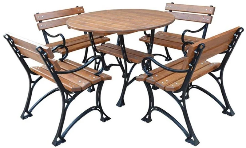 Casa Padrino Jugendstil Gartenmöbel Set Braun / Schwarz - 1 Gartentisch & 4 Gartenstühle mit Armlehnen - Garten Terrassen Gastronomie Möbel Massivholz