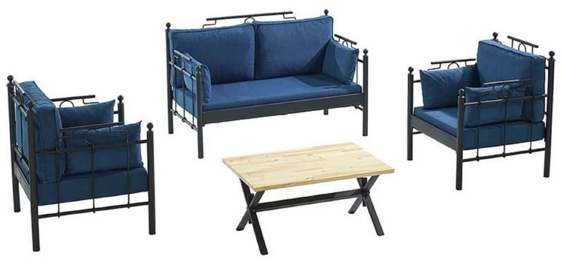 Casa Padrino Jugendstil Gartenmöbel Set Blau / Schwarz - 1 Sofa & 2 Sessel & 1 Tisch - Jugendstil Garten & Terrassen Möbel
