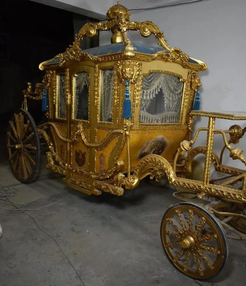 Casa Padrino Luxus Barock Königskutsche Gold / Blau / Grau - Prunkvolle Pferde Kutsche im Barockstil - Luxus Qualität - Edel & Prunkvoll