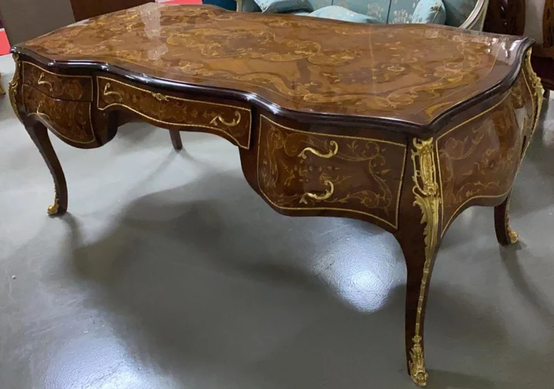Casa Padrino Barock Schreibtisch Mahagoni Intarsien / Gold - Handgefertigter Antik Stil Sekretär mit 5 Schubladen - Barock Büro Möbel