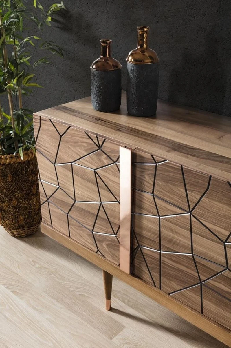 Casa Padrino Luxus Möbel Set Braun / Kupfer - 1 Sideboard mit 4 Türen & 1 Spiegel - Moderne Massivholz Möbel - Luxus Kollektion