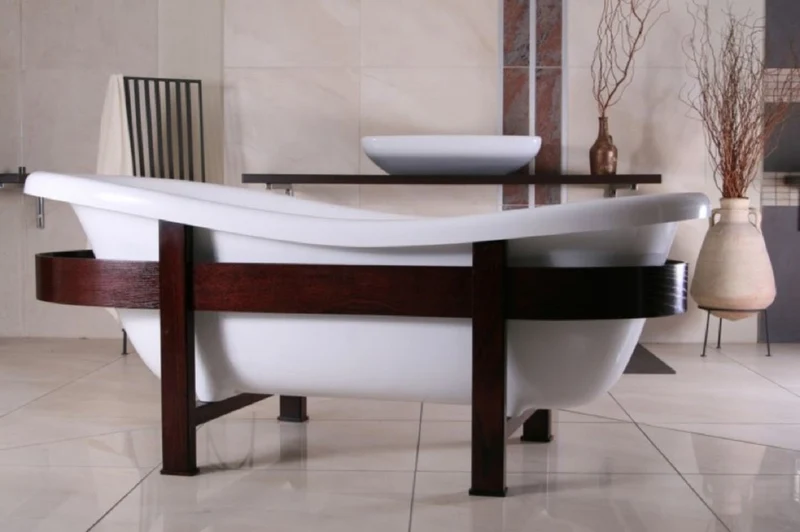 Casa Padrino Luxus Retro Badewanne Weiß / Dunkelbraun 178 x 76 x H. 73 cm - Freistehende Badewanne mit Holzrahmen - Retro Badezimmer Möbel