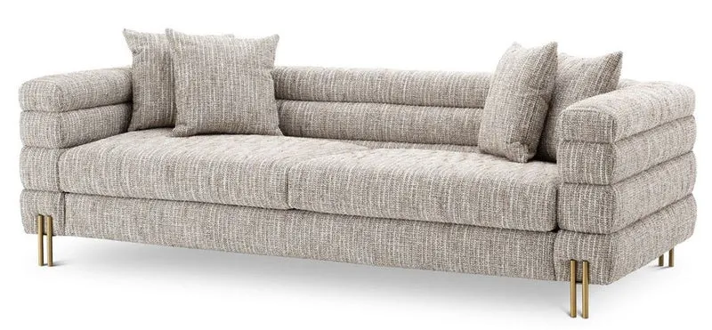 Casa Padrino Luxus Sofa mit Kissen Beige / Messingfarben 230 x 97 x H. 69 cm - Wohnzimmer Sofa - Hotel Sofa - Luxus Möbel