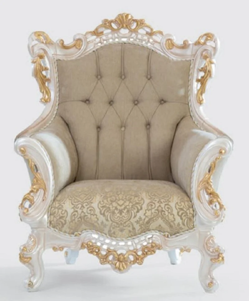 Casa Padrino Luxus Barock Wohnzimmer Set Greige / Weiß / Gold - 2 Sofas & 2 Sessel & 1 Couchtisch - Handgefertigte Wohnzimmer Möbel im Barockstil - Edel & Prunkvoll