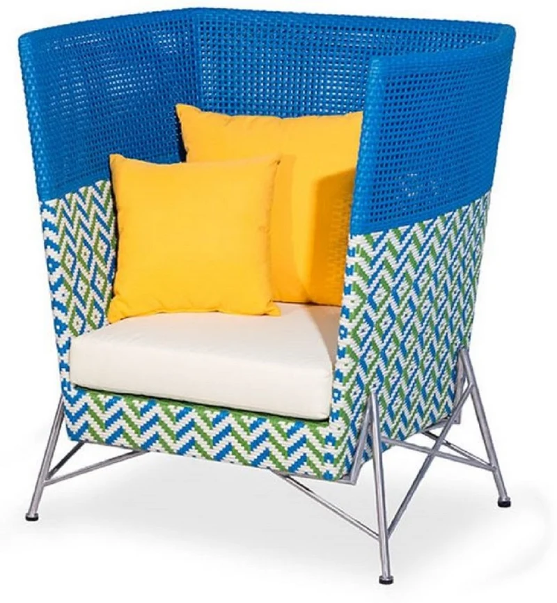 Casa Padrino Luxus Garten Sessel Blau / Grün / Weiß / Silber 98 x 85 x H. 104 cm - Handgewebter Wetterbeständiger Hochlehn Sessel - Garten & Terrassen Möbel - Luxus Kollektion