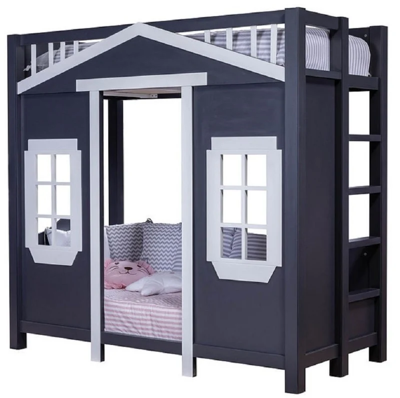 Casa Padrino Landhausstil Kinderhaus Bett Dunkelblau / Grau 208 x 102 x H. 196 cm - Kinder Hochbett mit Leiter - Landhausstil Kinderzimmer Möbel